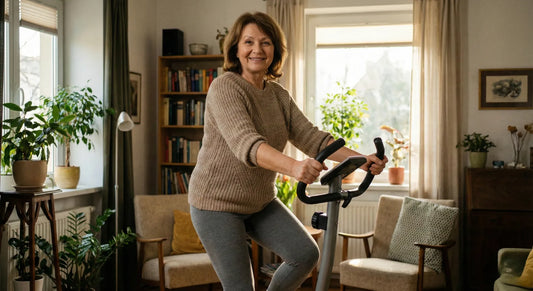 Seniorin trainiert sicher zuhause auf einem Stepper mit Haltegriff