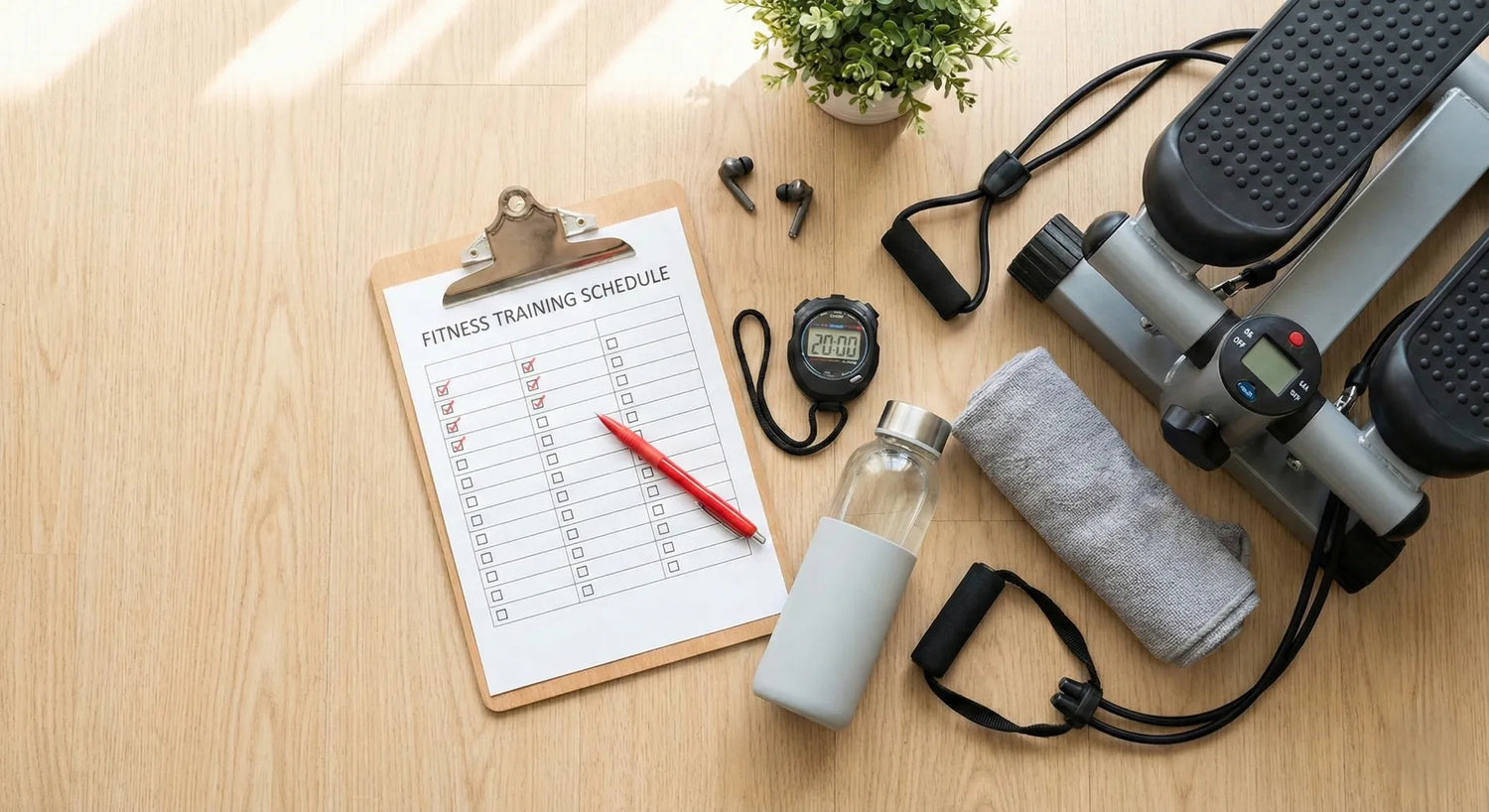 Stepper Trainingsplan und Stoppuhr für Zuhause