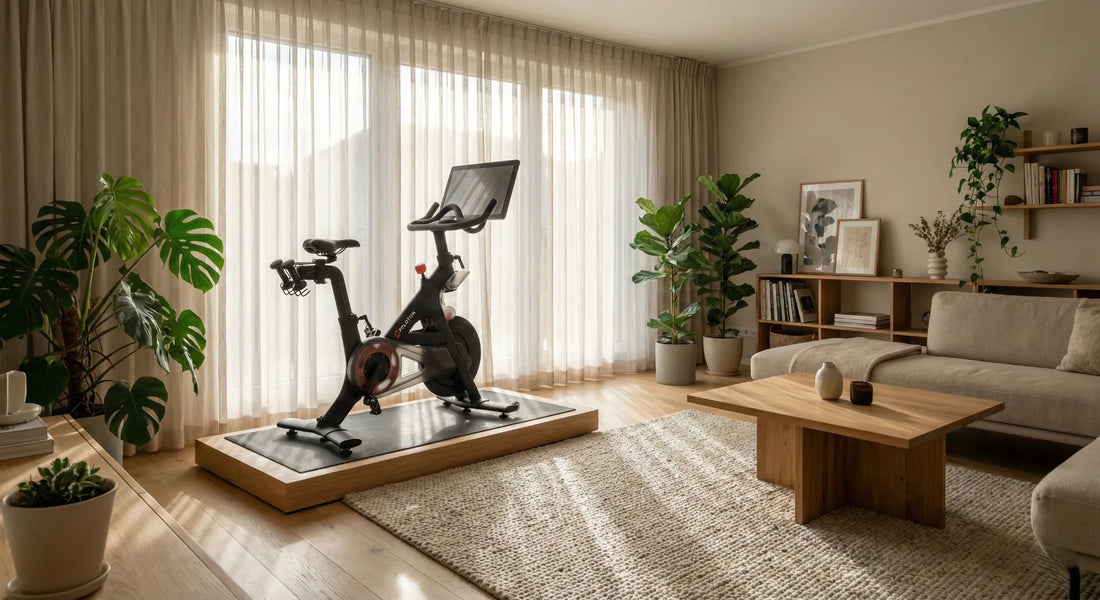 Stilvolles Home-Gym im Wohnzimmer Ergometer sicher auf Teppich integriert