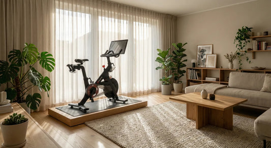 Stilvolles Home-Gym im Wohnzimmer Ergometer sicher auf Teppich integriert