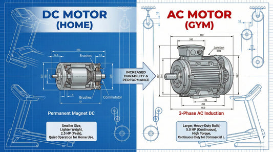 Technischer Vergleich von Laufbandmotoren DC-Motor für Heimgebrauch links, AC-Motor für Fitnessstudios rechts