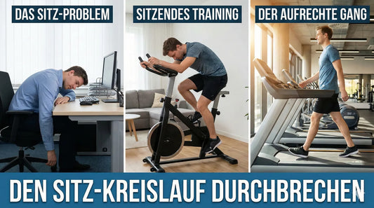 Vergleich Das Sitz-Problem im Büro, sitzendes Training auf dem Heimtrainer und aufrechter Gang auf dem Laufband. Aufforderung Den Sitz-Kreislauf durchbrechen