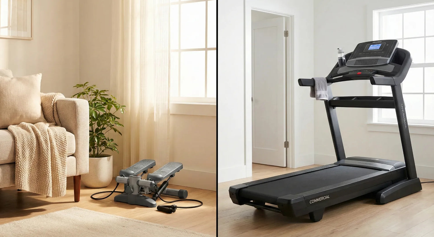 Vergleich Platzbedarf Kompakter Mini Stepper gegenüber einem großen Laufband im Wohnzimmer