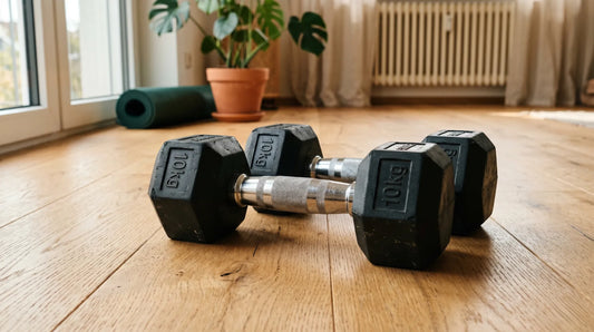 Zwei schwarze Hexagon Kurzhanteln gummiert auf hellem Holzboden im Home-Gym