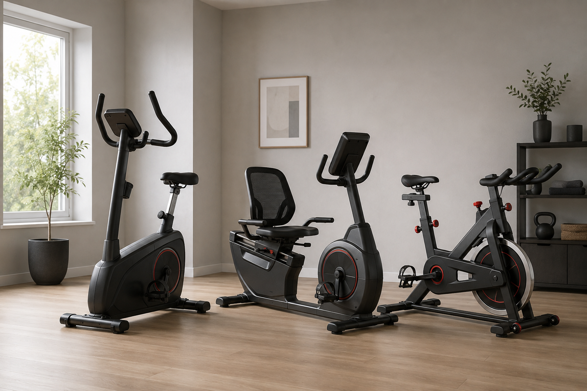 Klassischer Heimtrainer, Liegeheimtrainer und Speedbike nebeneinander in einem Wohnraum mit unterschiedlichen Sitzpositionen