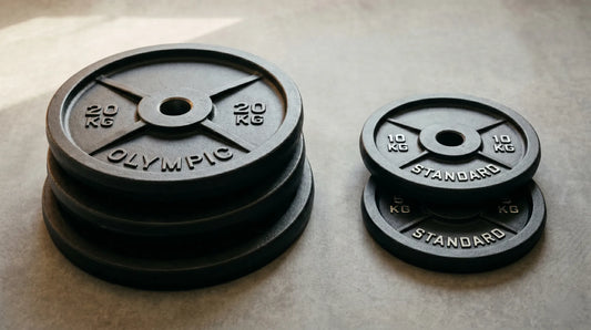 Olympia Hantelscheiben 50mm Vergleich neben kleineren 30mm Heim-Scheiben