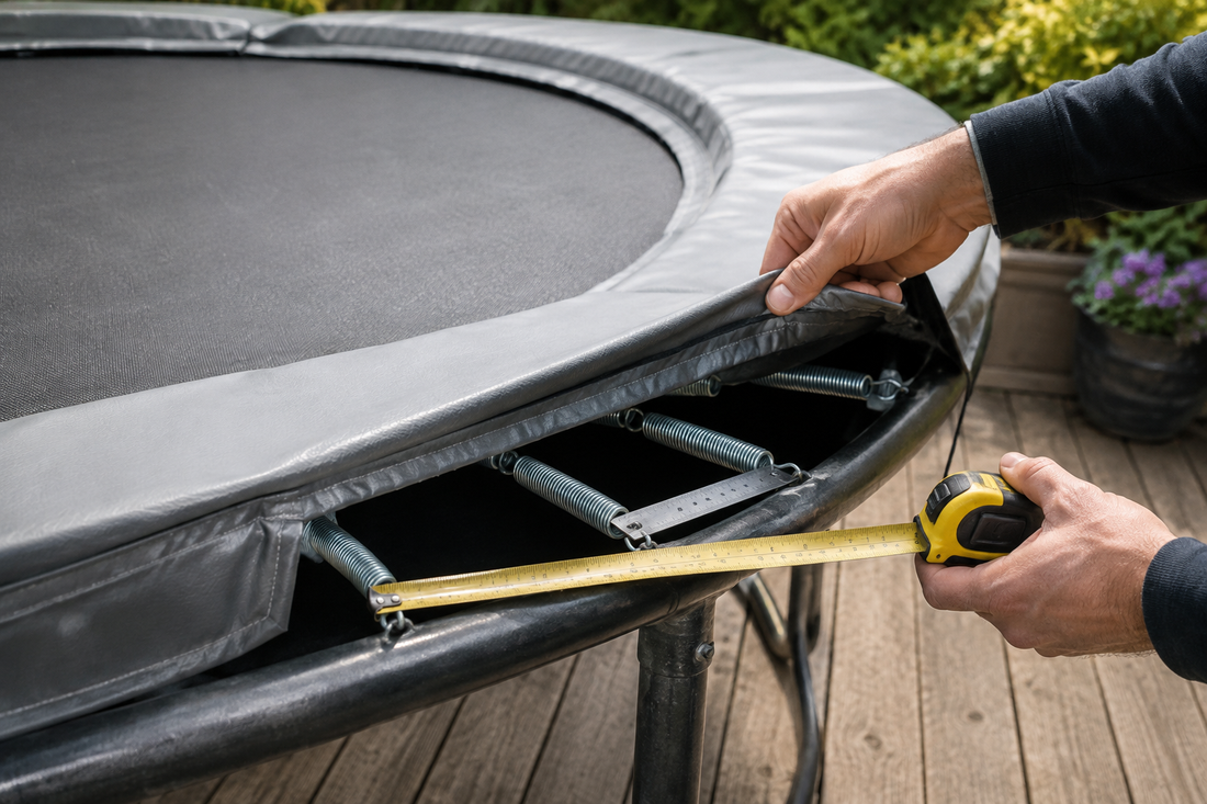 Hände heben die Randabdeckung eines Gartentrampolins an und messen mit einem Maßband den Rahmen über den freiliegenden Federn