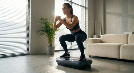Junge Frau beim Kniebeugen-Training auf einer modernen Vibrationsplatte im Wohnzimmer