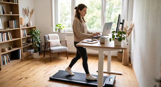 Person geht auf Walking Pad unter höhenverstellbarem Schreibtisch im Homeoffice