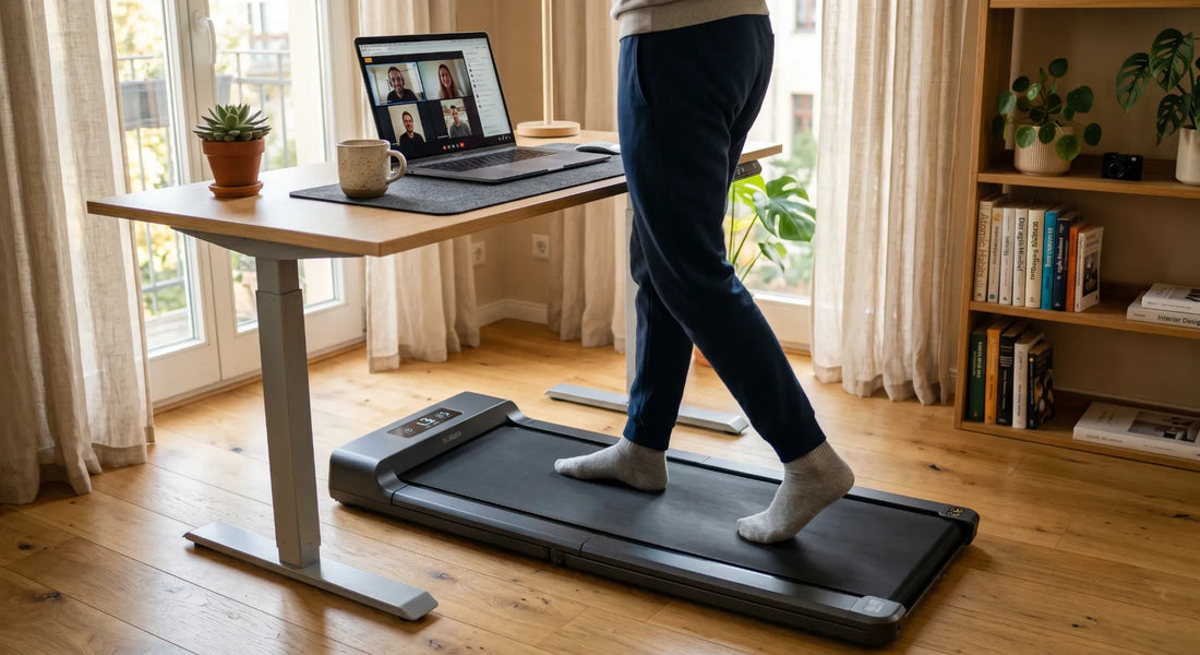 Walking Pad unter dem Schreibtisch im Homeoffice – Person geht langsam beim Arbeiten