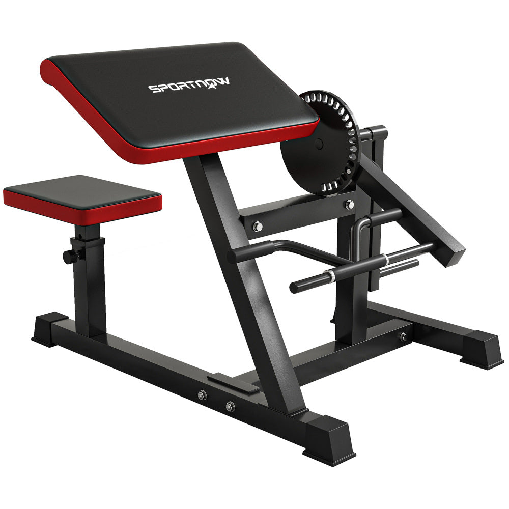 2-in-1 Bizeps und Trizeps Curl Maschine in Schwarz-Rot mit verstellbarem Sitz.
