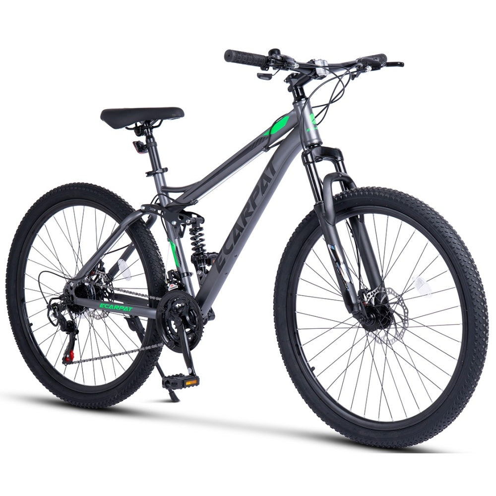 26 Zoll Fully Mountainbike in Schwarz-Grün, Seitenansicht mit Vollfederung und 21-Gang Shimano Schaltung