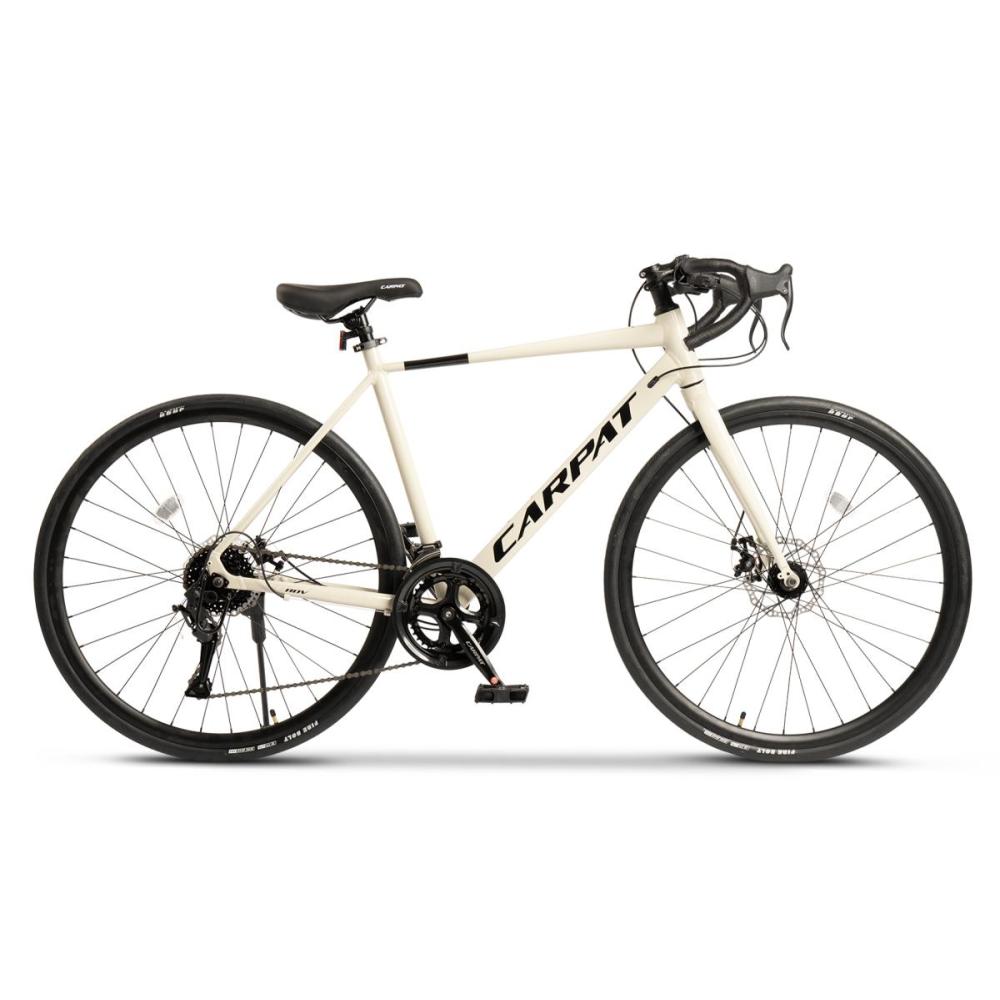 28 Zoll Citybike in Creme-Beige, Seitenansicht, leichter Aluminiumrahmen und Rennrad-Lenker.