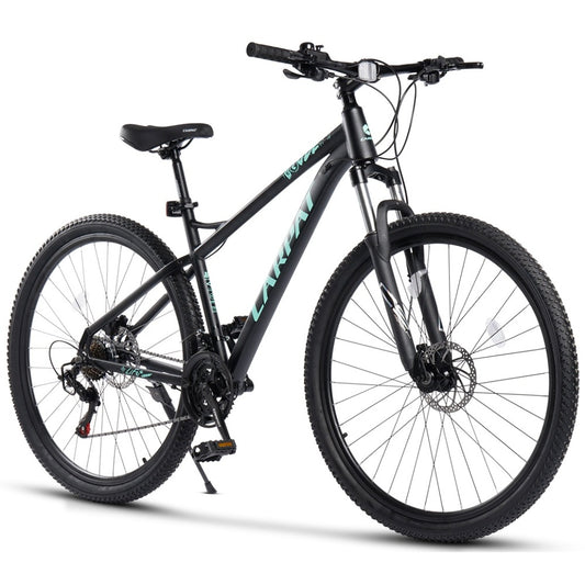 29 Zoll Hardtail Mountainbike Aluminium in Schwarz-Türkis mit hydraulischen Scheibenbremsen und Federgabel.