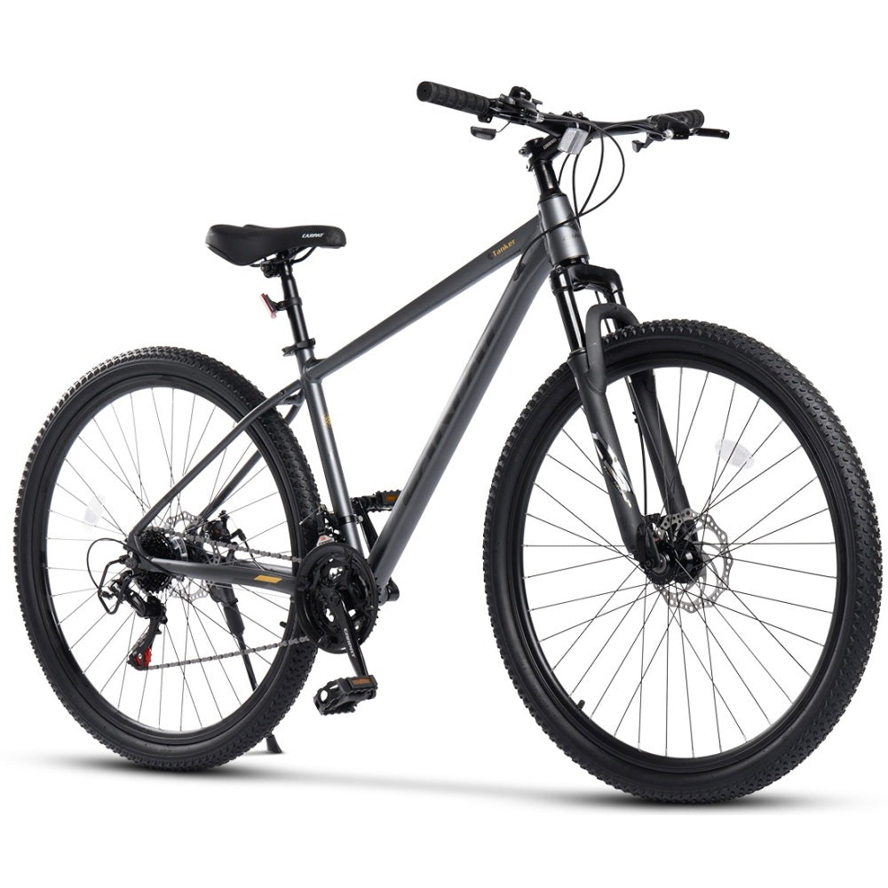 29 Zoll Mountainbike Hardtail in Schwarz mit Federgabel, Scheibenbremsen und 21-Gang-Schaltung, seitliche Gesamtansicht