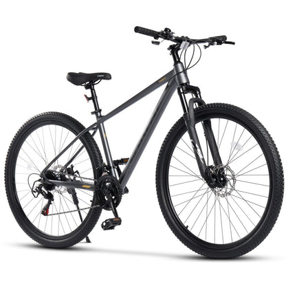 29 Zoll Mountainbike Hardtail in Schwarz mit Federgabel, Scheibenbremsen und 21-Gang-Schaltung, seitliche Gesamtansicht