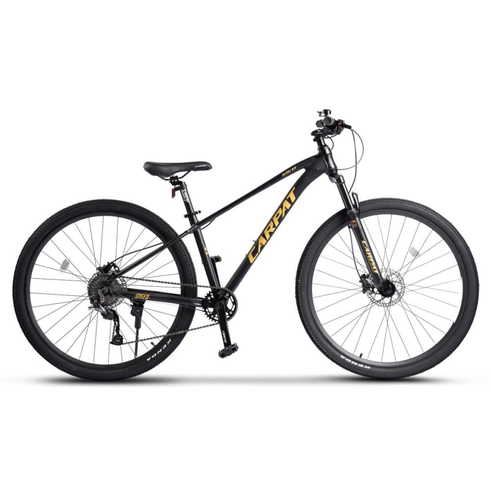 29 Zoll Mountainbike in Schwarz-Gold, rechte Seitenansicht mit Aluminium-Hardtail-Rahmen und All-Terrain-Reifen