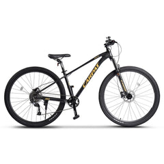 29 Zoll Mountainbike in Schwarz-Gold, rechte Seitenansicht mit Aluminium-Hardtail-Rahmen und All-Terrain-Reifen