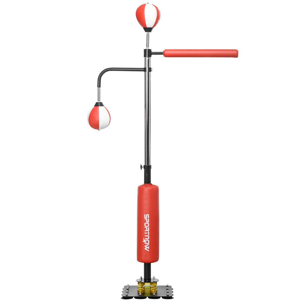 3-in-1 Standboxsack in Rot-Weiß mit 2 Speedballs und Reflexstange.
