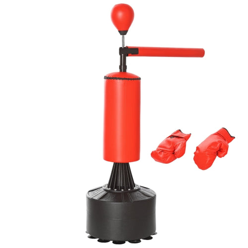 3-in-1 Standboxsack in Rot mit 360° Reflexstange, Speedball und Handschuhen.