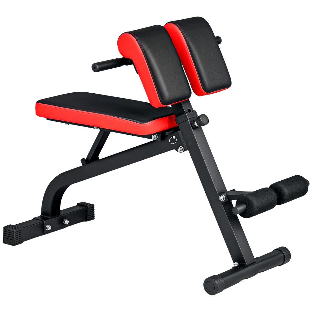 4-in-1 Multifunktions-Hantelbank in Schwarz-Rot mit Preacher-Curl und Rückenstrecker-Funktion.