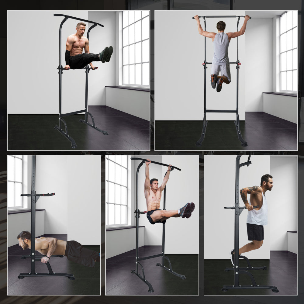 4-in-1 Workout: Zeigt Klimmzüge, Knieheben, Liegestütze und Dips.