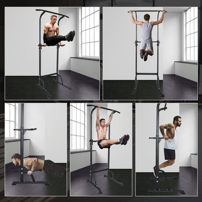 4-in-1 Workout: Zeigt Klimmzüge, Knieheben, Liegestütze und Dips.