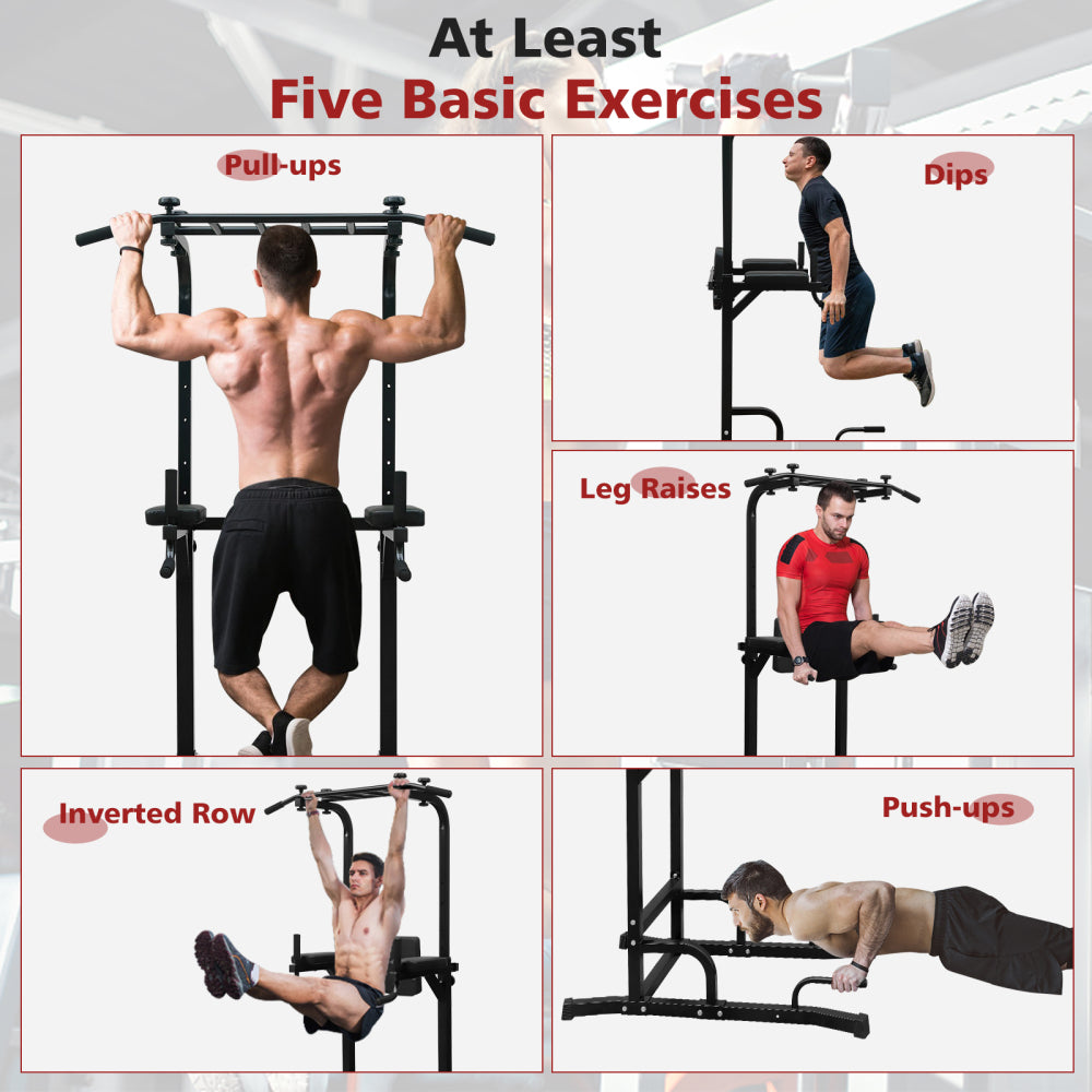 5-in-1 Workout Station: Klimmzüge, Dips, Beinheben und Liegestütze.