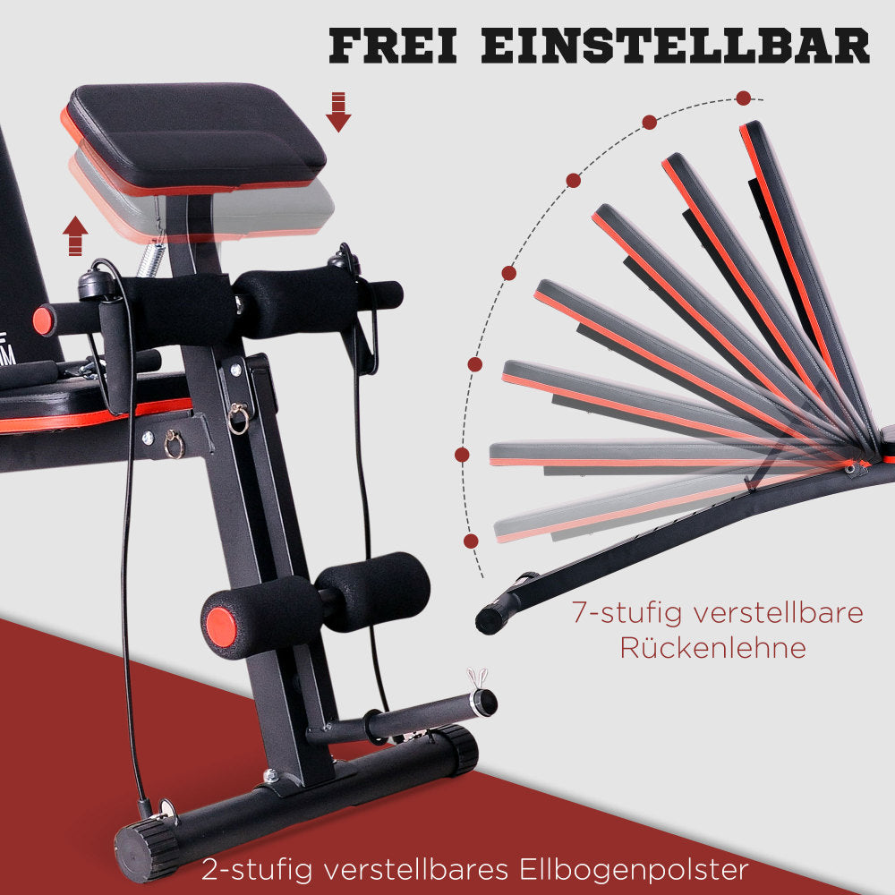 7-stufig verstellbare Rückenlehne und 2-stufig verstellbares Ellbogenpolster (Curlpult).