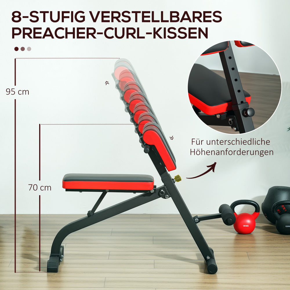 8-stufig verstellbares Preacher-Curl-Kissen zur Anpassung an verschiedene Körpergrößen.