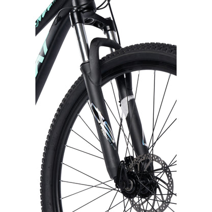 80mm Federgabel und profilierte 29 Zoll Reifen, ideal für Trail und Waldwege.