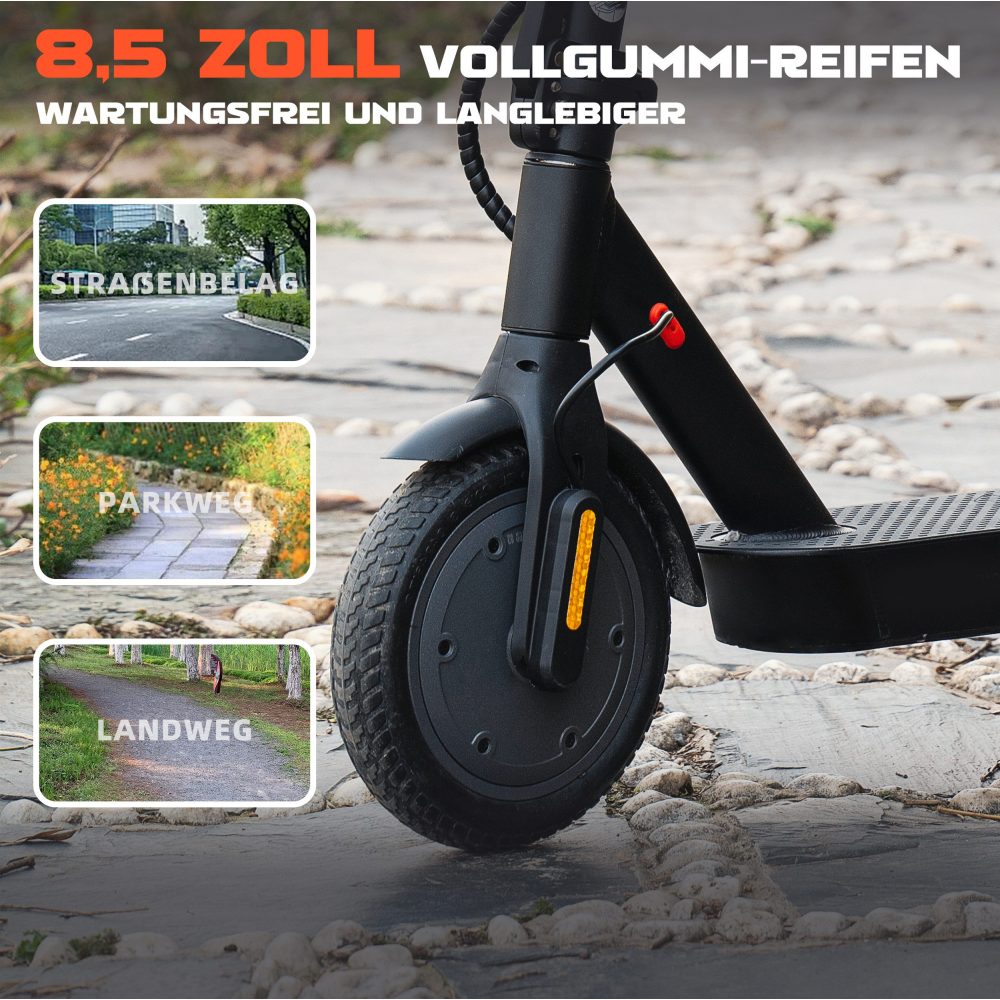 8,5 Zoll Vollgummi-Reifen am Vorderrad, dargestellt auf einem Pflastersteinweg.