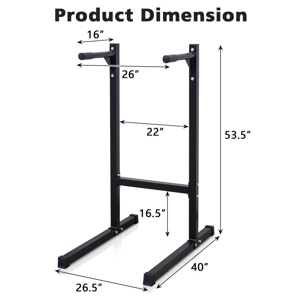 Abmessungen Dip-Station: Höhe 135,9 cm, Breite 67,3 cm, Tiefe 101,1 cm.