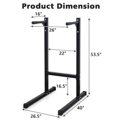 Abmessungen Dip-Station: Höhe 135,9 cm, Breite 67,3 cm, Tiefe 101,1 cm.