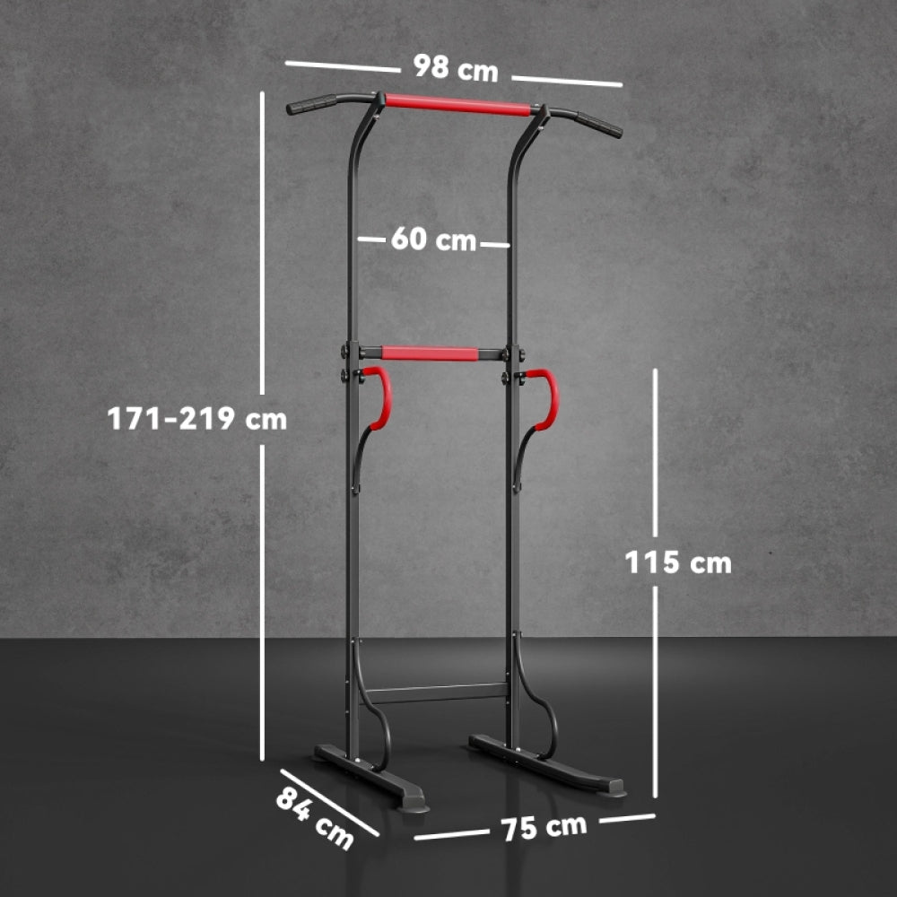 Abmessungen Power Tower: 98cm Breite, 84cm Tiefe, Höhe 171-219cm verstellbar.