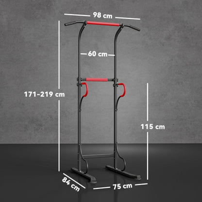 Abmessungen Power Tower: 98cm Breite, 84cm Tiefe, Höhe 171-219cm verstellbar.