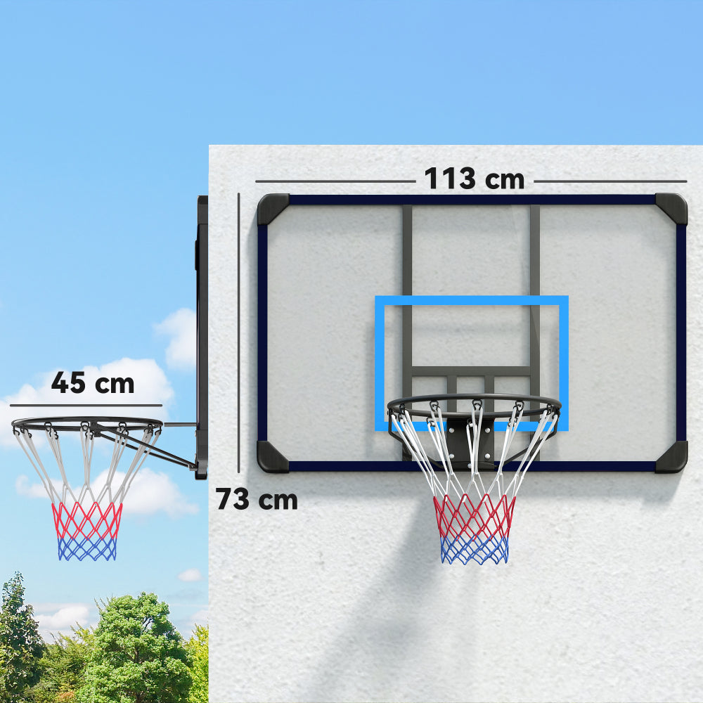 Abmessungen des Basketballboards: 113 cm Breite, 73 cm Höhe und 45 cm Korbabstand.