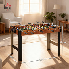 Abmessungen des Kinder-Tischkickers: 93,5 cm Länge und 69 cm Höhe, ideal für Jugendliche