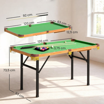 Abmessungen des Mini Billardtisches: 120 cm lang, 67 cm breit, 76,5 cm hoch, zusammengeklappt nur 12,5 cm hoch