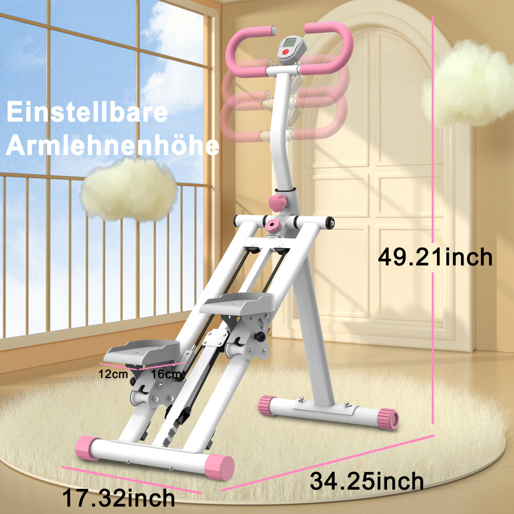 Abmessungen und Einstellmöglichkeiten des weiß-rosa Modells.