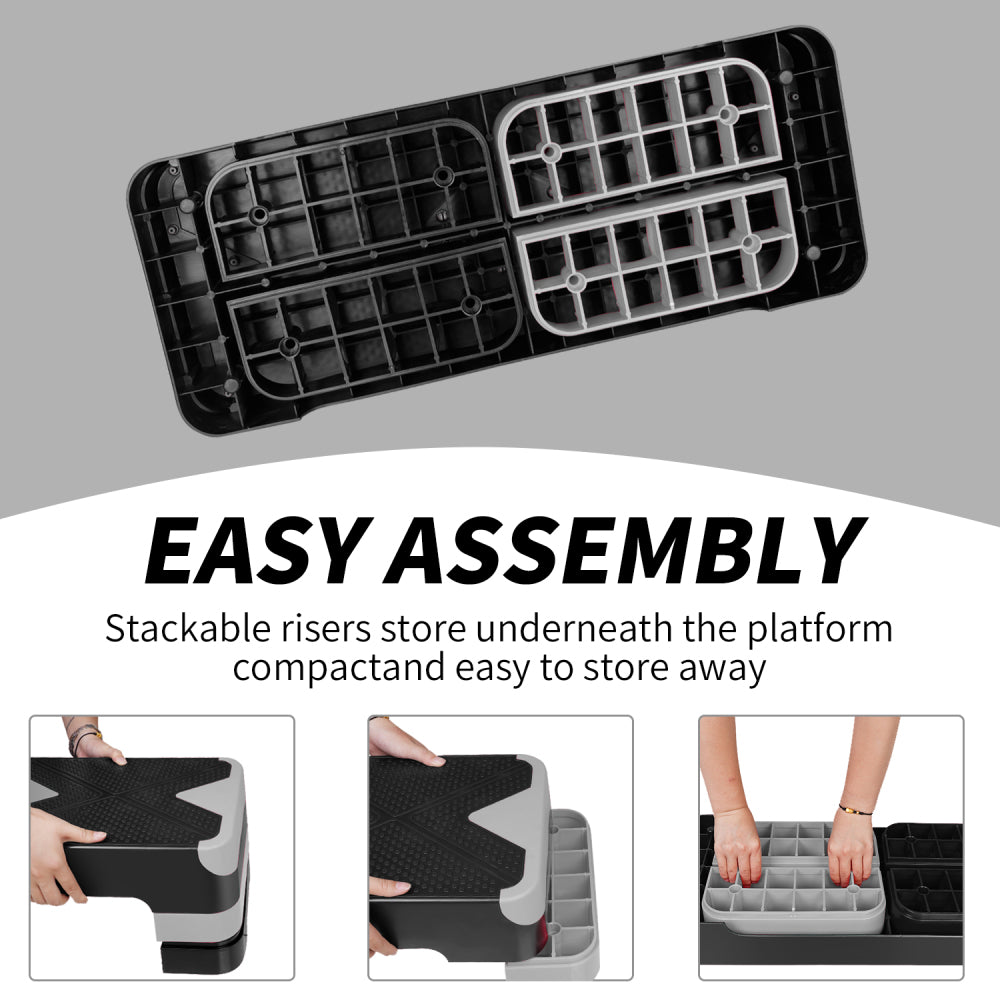 Anleitung zur einfachen Montage und zum Verstauen der Erhöhungen unter der Plattform.