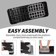 Anleitung zur einfachen Montage und zum Verstauen der Erhöhungen unter der Plattform.