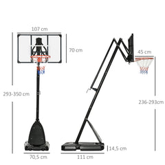 Backboard 107x70 cm, Gesamthöhe bis 350 cm, Korbhöhe 236-293 cm.