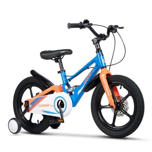 Blau-orangefarbenes 16 Zoll Kinderfahrrad mit Aluminiumrahmen und Scheibenbremse – Seitenansicht.