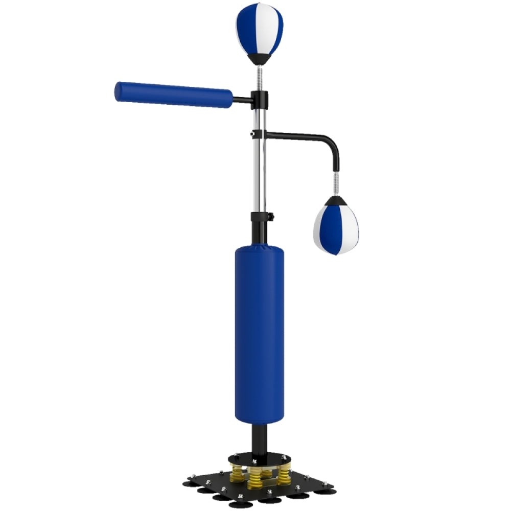 Blauer 3-in-1 Boxstand mit 2 Speedballs, Reflexstange und quadratischer Basis.