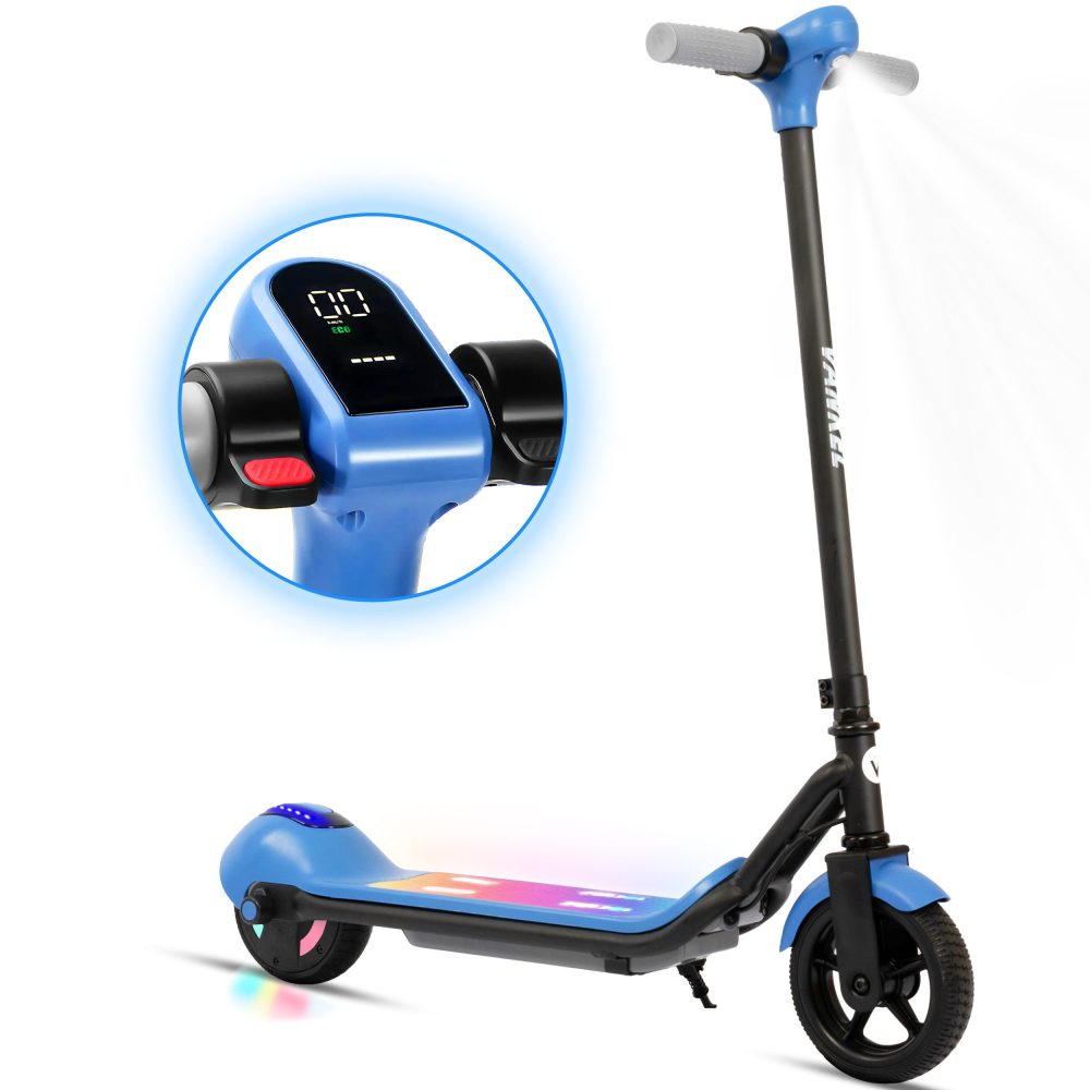 Blauer elektrischer Kinderroller mit bunter LED-Beleuchtung und Display-Vorschau.