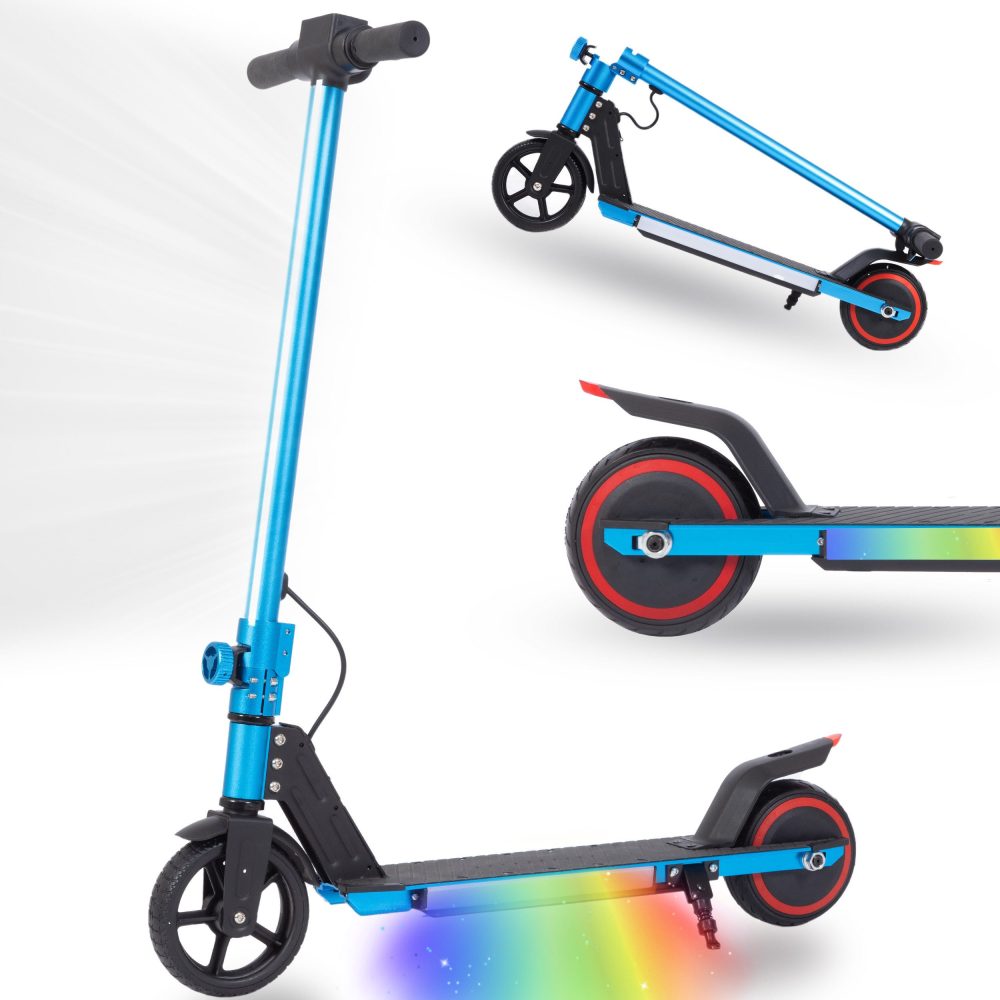 Blauer elektrischer Kinderroller, stehend und zusammengeklappt dargestellt.