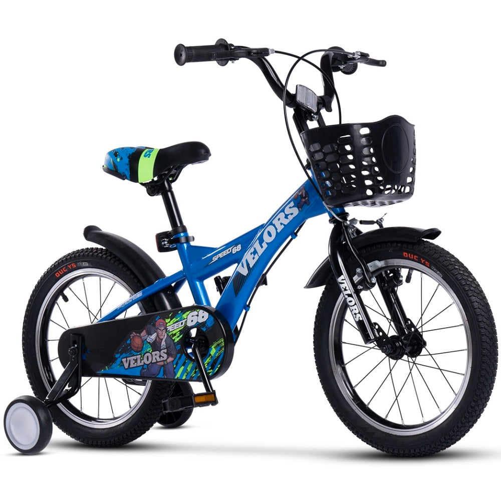 Blaues 18 Zoll Kinderfahrrad mit Stützrädern und mechanischer Scheibenbremse - Seitenansicht.