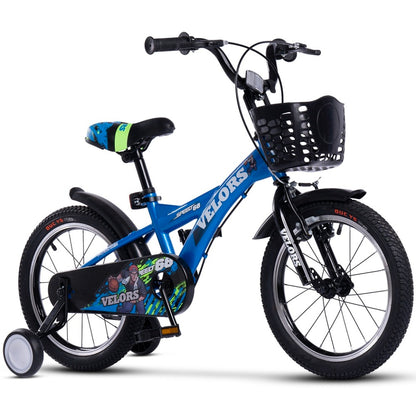 Blaues 18 Zoll Kinderfahrrad mit Stützrädern und mechanischer Scheibenbremse - Seitenansicht.