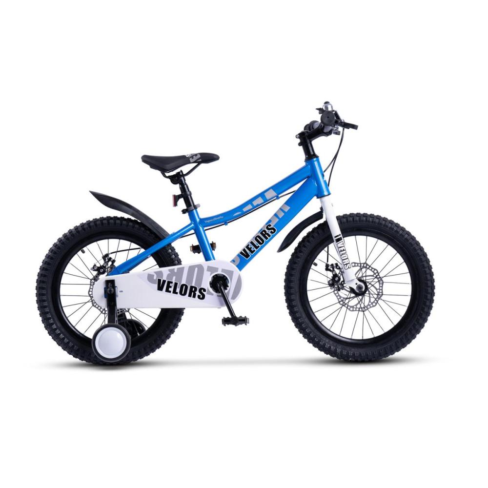 Blaues 18 Zoll Kinderfahrrad mit Stützrädern und mechanischer Scheibenbremse - Seitenansicht